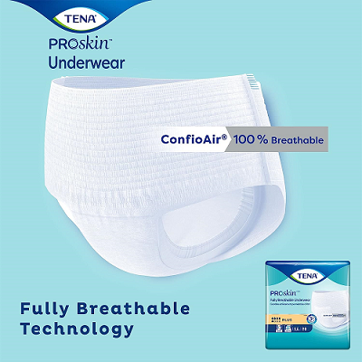 Image of TENA ProSkin™ Unisex Adult Absorbent Underwear featuring 100% breathable ConfioAir technology, ideal for urinary incontinence. The product is set against a light blue background, with packaging displayed at the bottom right, highlighting "Fully Breathable Technology.