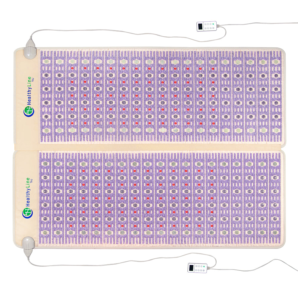 An image of two purple TAJ-Mat™ Queen 8060 Firm mats by HealthyLine shows intricate grid patterns with embedded heating stones. Each mat offers far infrared heat and PEMF therapy, and comes with a remote control featuring buttons and a display.

.