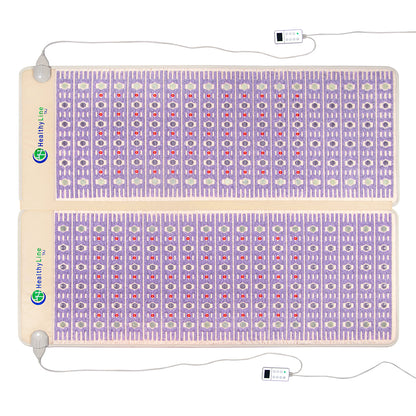 An image of two purple TAJ-Mat™ Queen 8060 Firm mats by HealthyLine shows intricate grid patterns with embedded heating stones. Each mat offers far infrared heat and PEMF therapy, and comes with a remote control featuring buttons and a display.

.