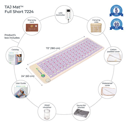 Explore the TAJ-Mat™ Full 7224 Firm - Photon PEMF InfraMat Pro® by HealthyLine. This luxurious heating mat offers wellness benefits, dimensions of 72" x 24", and includes an LED controller, carrying case, cotton/waterproof covers, sauna blanket, PEMF visualizer, warranty, and user guide.