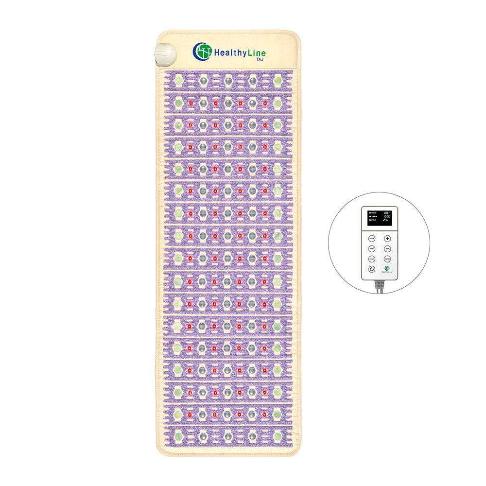 The TAJ-Mat™ Full 7224 Firm by HealthyLine is a rectangular heating mat with a patterned surface of circular elements. A digital controller with display and buttons provides a luxurious experience, while the "HealthyLine" label at the top ensures wellness benefits.
