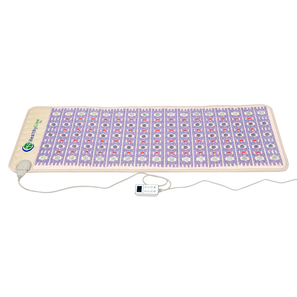 The TAJ-Mat™ Full 7224 Firm - Photon PEMF InfraMat Pro® by HealthyLine is a rectangular heating mat with a colorful patterned surface in purple, red, and white. It offers luxury heating for therapy or relaxation, delivering exceptional wellness benefits through its attached control device.