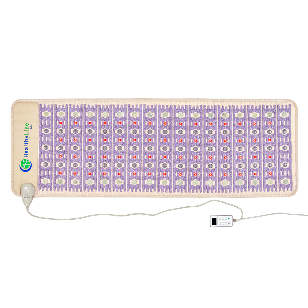 Experience luxury with the HealthyLine TAJ-Mat™ Full 7224 Firm - Photon PEMF InfraMat Pro®, featuring an infrared heating grid of circular crystals and a temperature controller. Its beige base is detailed with rows of purple elements, providing unmatched wellness benefits.