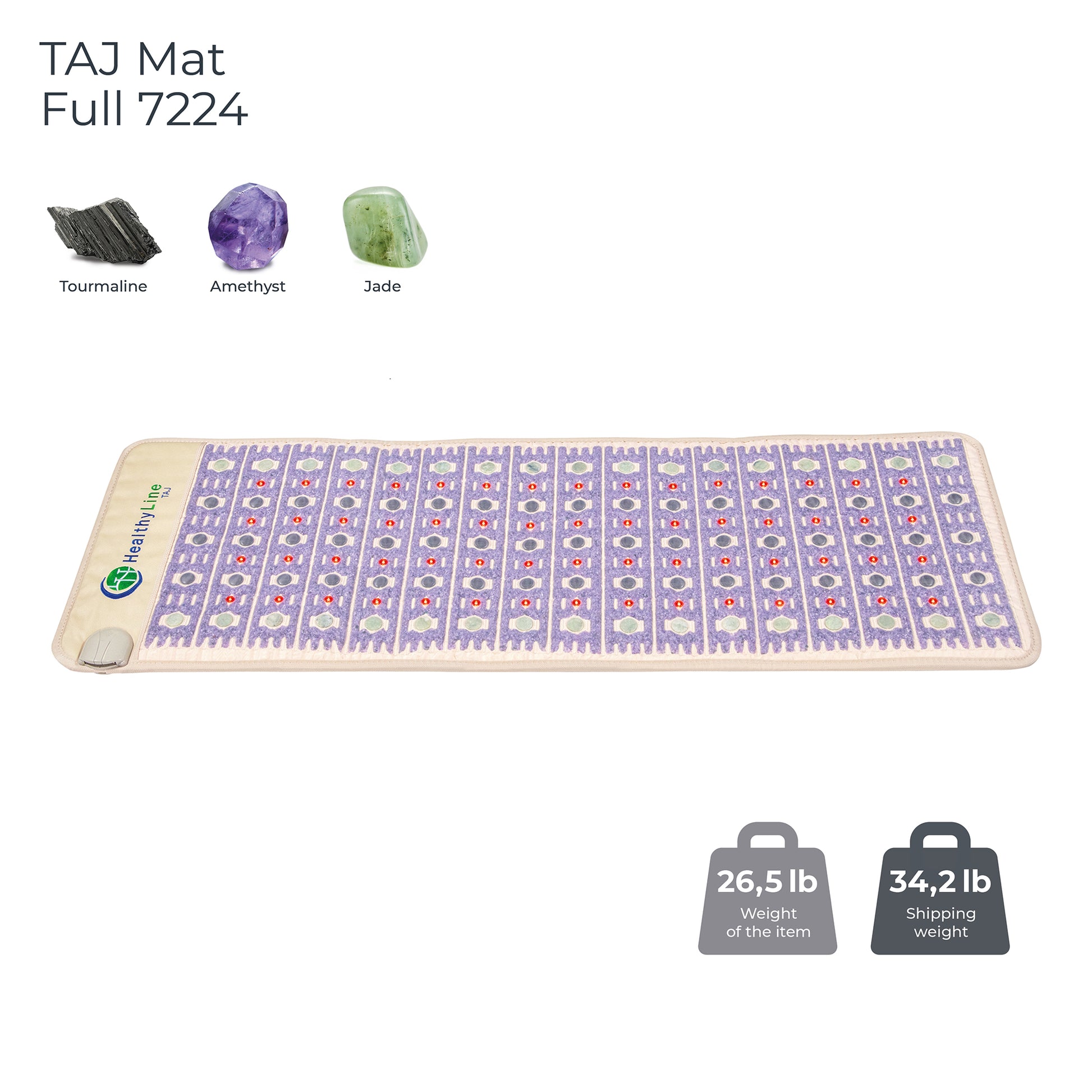 Image of the luxurious TAJ-Mat™ Full 7224 Firm by HealthyLine, featuring a purple and white pattern with small red circles. Icons highlight its wellness benefits with tourmaline, amethyst, and jade. Weighs 26.5 lb; ships at 34.2 lb for an indulgent heating experience.