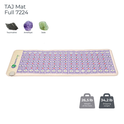 Image of the luxurious TAJ-Mat™ Full 7224 Firm by HealthyLine, featuring a purple and white pattern with small red circles. Icons highlight its wellness benefits with tourmaline, amethyst, and jade. Weighs 26.5 lb; ships at 34.2 lb for an indulgent heating experience.