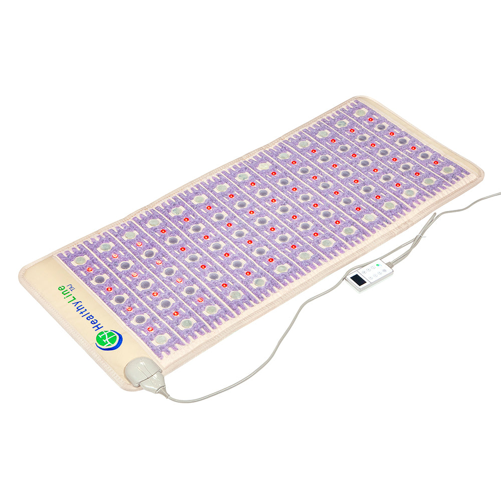 The TAJ-Mat™ Full Short 6024 Firm - Photon PEMF InfraMat Pro® by HealthyLine features a lilac and beige grid pattern with red LED lights, ideal for natural therapies, and comes with a corded digital controller. The "HealthyLine" logo is displayed in the corner.