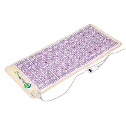 The TAJ-Mat™ Full Short 6024 Firm - Photon PEMF InfraMat Pro® by HealthyLine features a lilac and beige grid pattern with red LED lights, ideal for natural therapies, and comes with a corded digital controller. The "HealthyLine" logo is displayed in the corner.