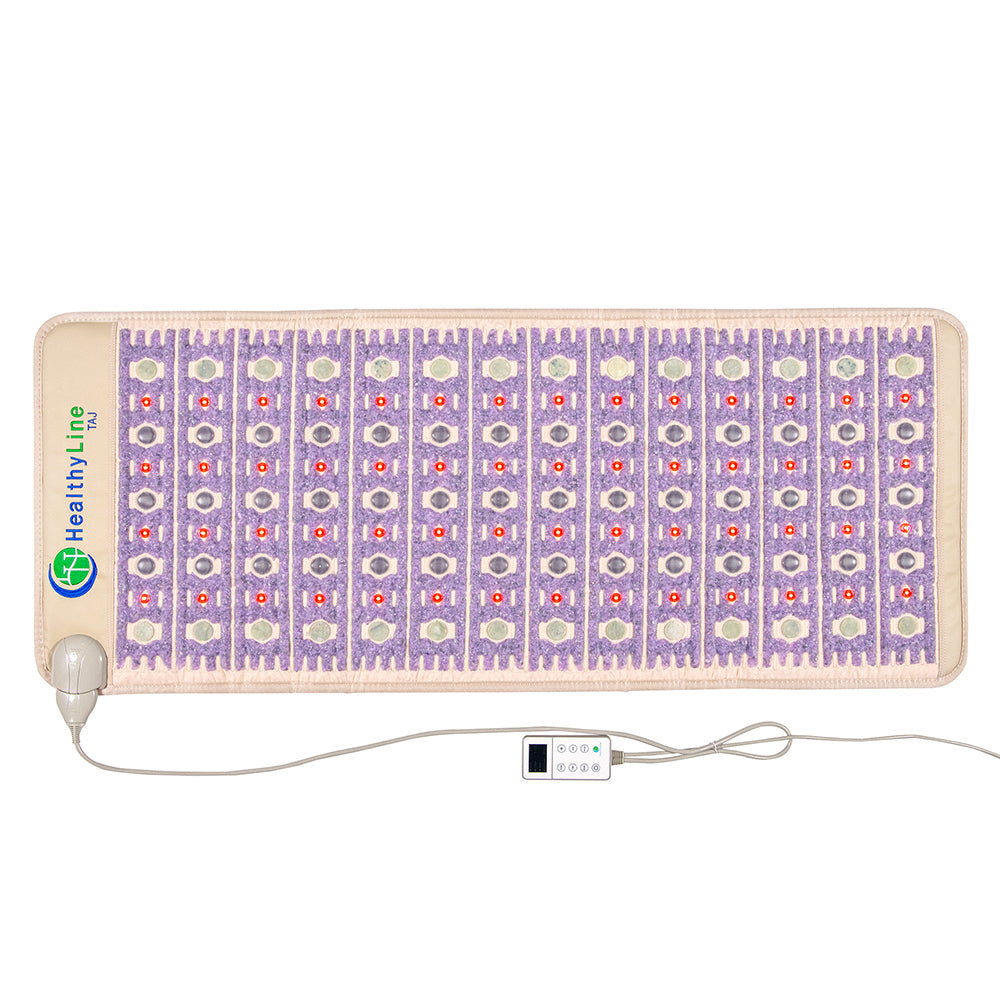 Introducing the TAJ-Mat™ Full Short 6024 Firm - Photon PEMF InfraMat Pro® by HealthyLine—a rectangular therapeutic mat with a purple geometric pattern and red circular elements. Designed for full-body therapy, it includes a corded control device and features the "HealthyLine" logo in one corner.