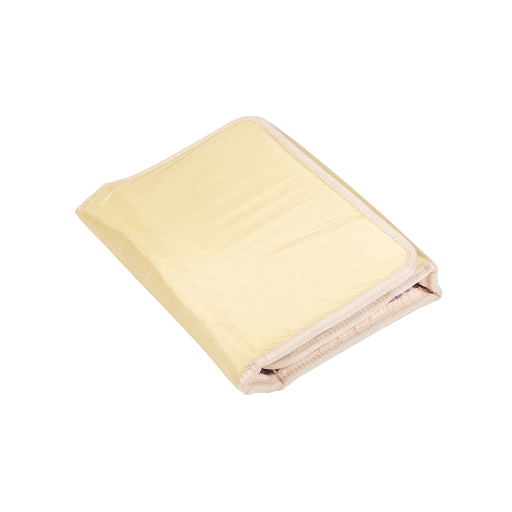 The HealthyLine TAJ-Mat™ Full Short 6024 Firm, with a smooth texture and stitched edges, features an embossed pattern that enhances full body therapy. This light yellow waterproof mattress protector is ideal for complementing natural therapies. Placed against a white background.