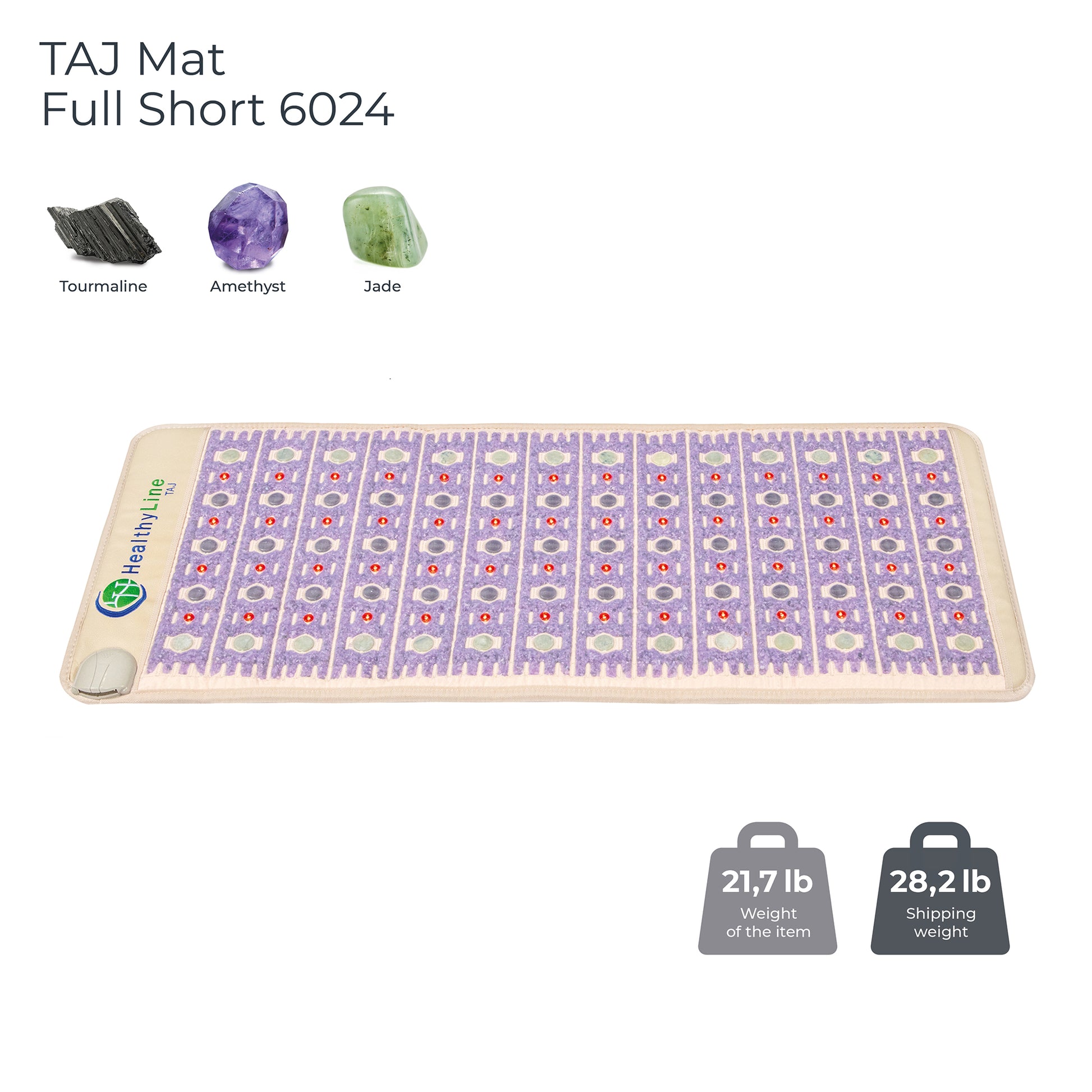 Image of the TAJ-Mat™ Full Short 6024 Firm - Photon PEMF InfraMat Pro® featuring a grid of gemstones like tourmaline, amethyst, and jade for full body therapy. It weighs 21.7 lb with a shipping weight of 28.2 lb, ideal for natural therapies; pattern in purple and white from HealthyLine.