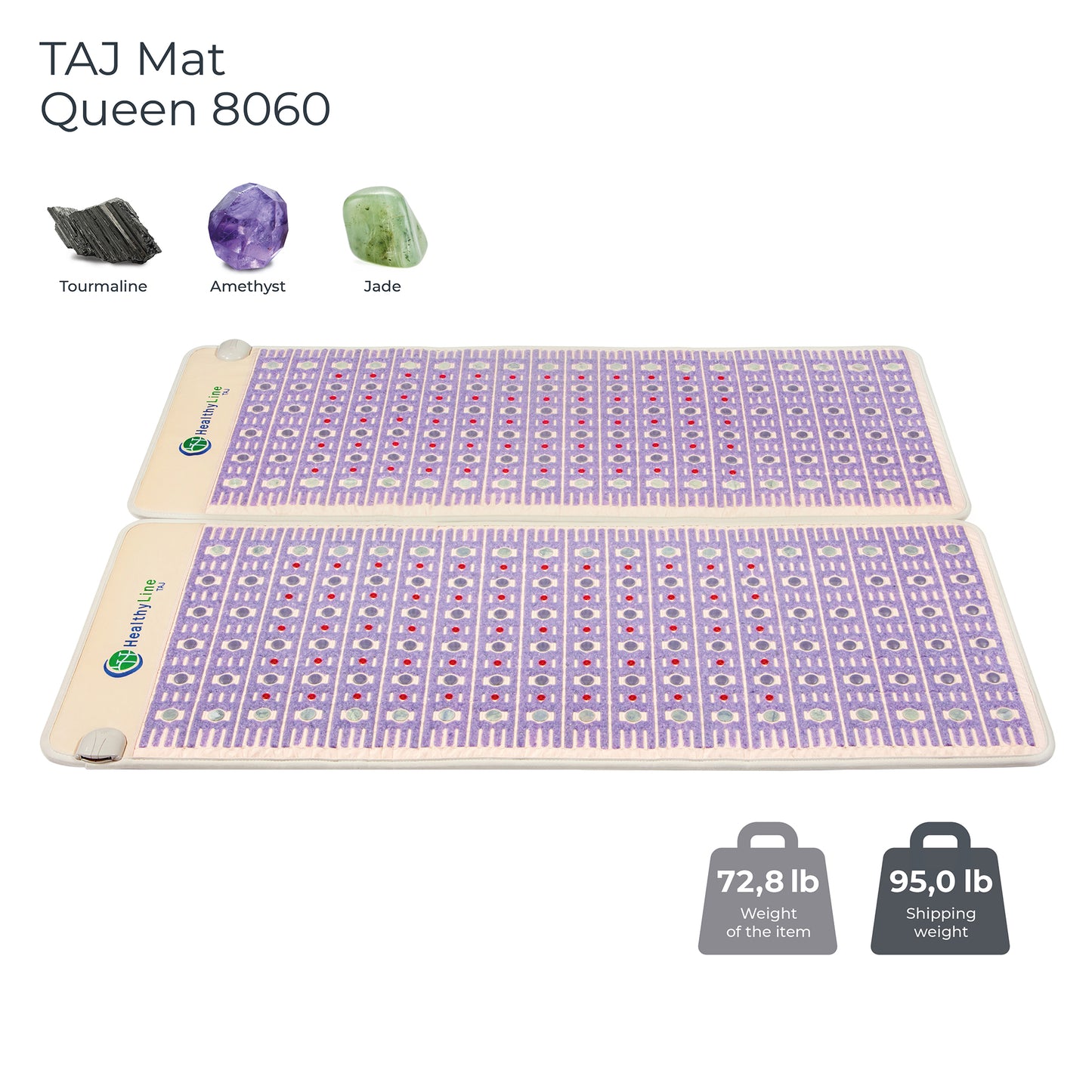 An image of the HealthyLine TAJ-Mat™ Queen 8060 Firm - Photon PEMF Split Inframat Pro® shows its purple surface with tourmaline, amethyst, and jade stones. Weighs 72.8 lb (shipping weight: 95.0 lb) and provides far infrared heat benefits.