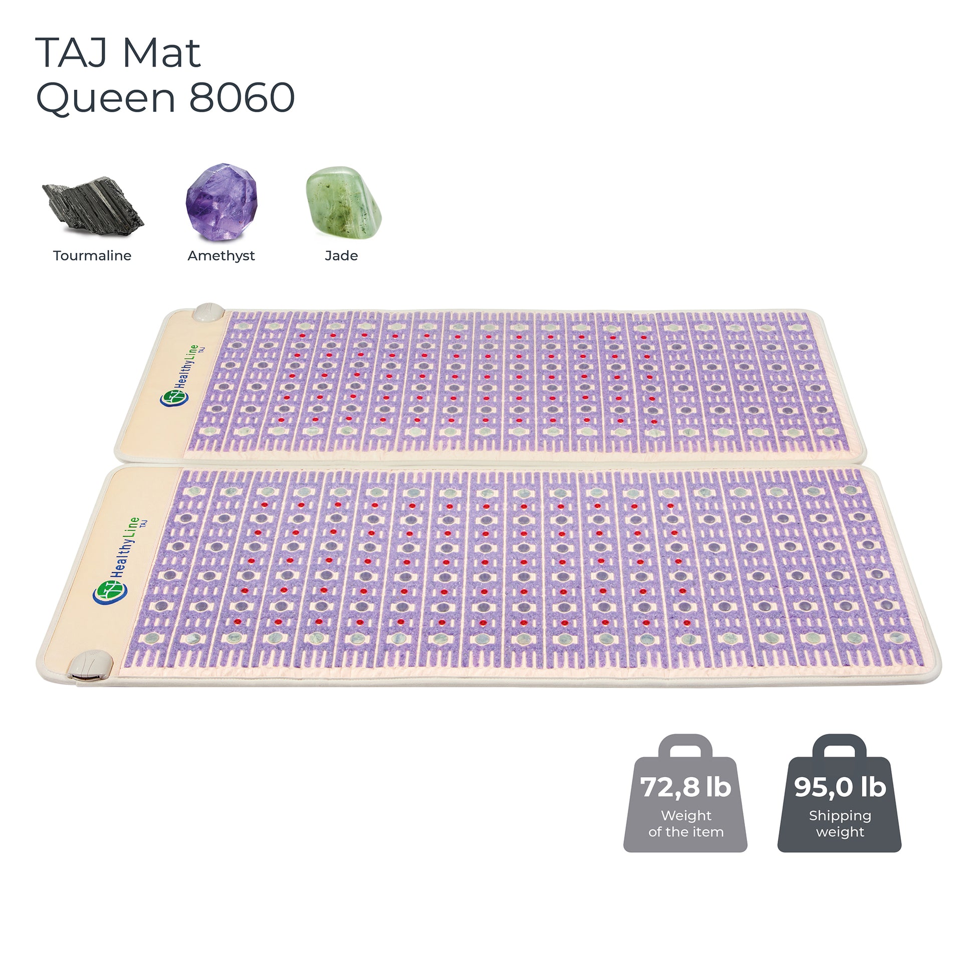An image of the HealthyLine TAJ-Mat™ Queen 8060 Firm - Photon PEMF Split Inframat Pro® shows its purple surface with tourmaline, amethyst, and jade stones. Weighs 72.8 lb (shipping weight: 95.0 lb) and provides far infrared heat benefits.