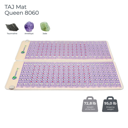 An image of the HealthyLine TAJ-Mat™ Queen 8060 Firm - Photon PEMF Split Inframat Pro® shows its purple surface with tourmaline, amethyst, and jade stones. Weighs 72.8 lb (shipping weight: 95.0 lb) and provides far infrared heat benefits.