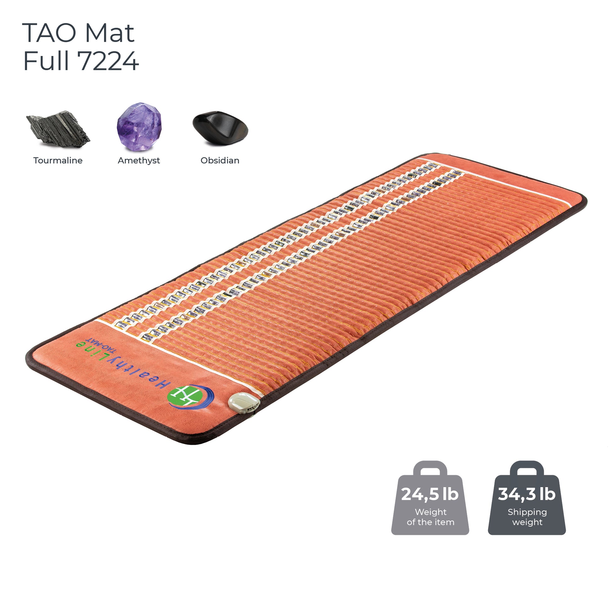 Image of a HealthyLine TAO-Mat® Full 7224 Firm - PEMF InfraMat Pro® with a textured surface, featuring crushed gemstones like tourmaline, amethyst, and obsidian. Enhanced by far infrared technology, the mat weighs 24.5 lbs and has a shipping weight of 34.3 lbs.