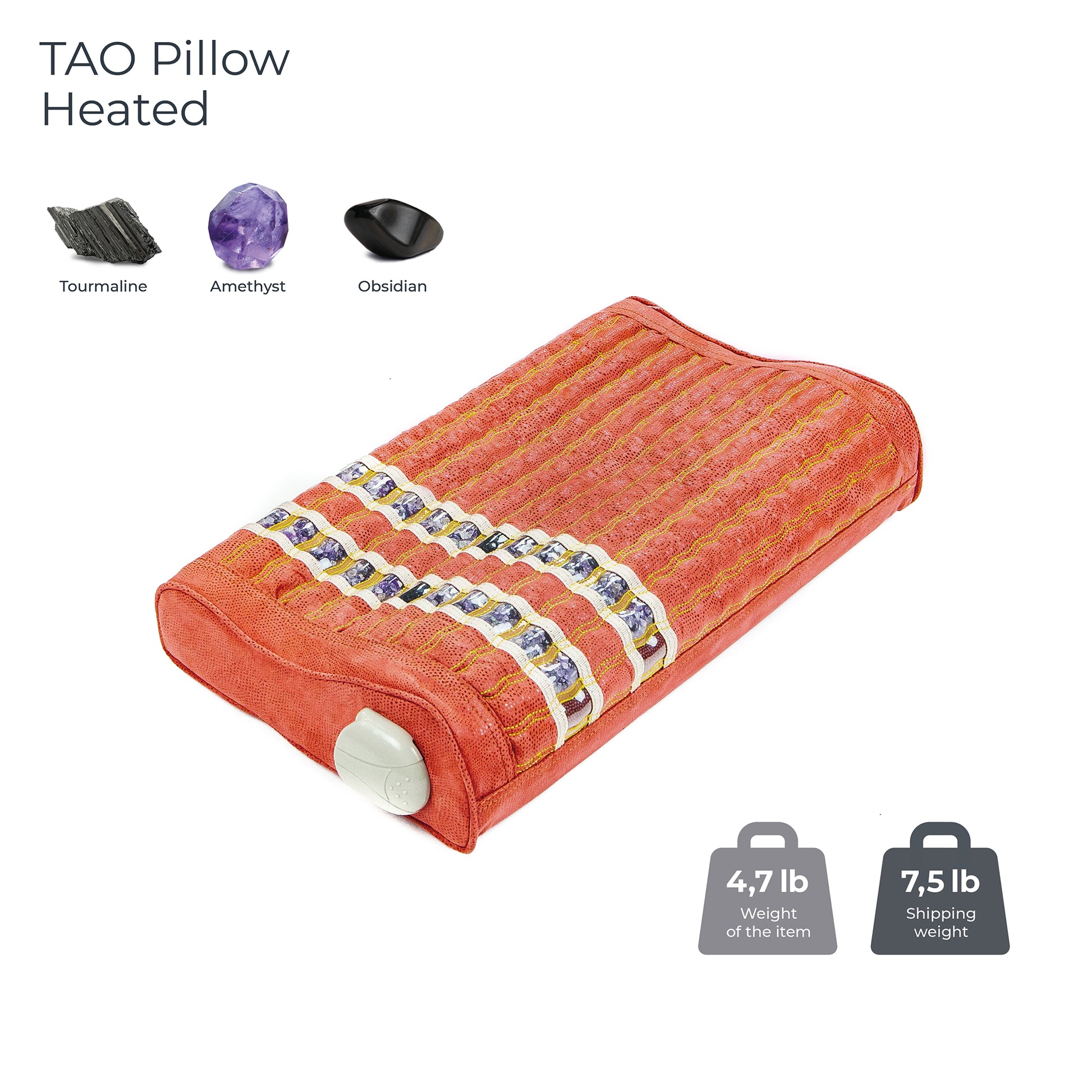 The orange TAO mat Pillow with Heat by HealthLine includes embedded Tourmaline, Amethyst, and Obsidian stones that emit soothing negative ions. The pillow weighs 4.7 lbs, while its shipping weight is 7.5 lbs.