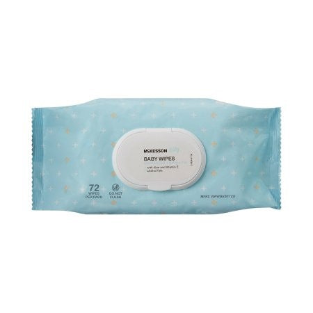 The product displayed is a pack of McKesson Baby Wipes with Aloe and Vitamin E. The light blue packaging, adorned with small white crosses, includes a user-friendly flip-top lid for easy resealing and contains 72 wipes designed for sensitive skin.
