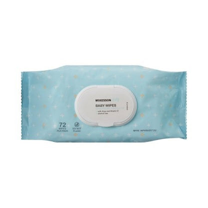 The product displayed is a pack of McKesson Baby Wipes with Aloe and Vitamin E. The light blue packaging, adorned with small white crosses, includes a user-friendly flip-top lid for easy resealing and contains 72 wipes designed for sensitive skin.