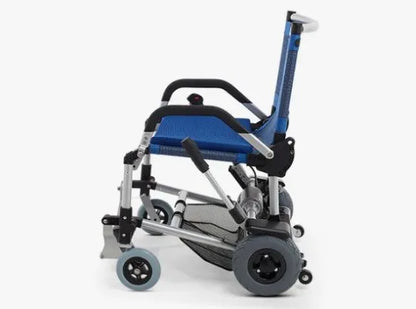 The Zinger Power Wheelchair by Journey Health & Life Style is a lightweight, foldable blue chair with mesh seat and backrest, ADA-friendly design, shown from the side on a plain white background.