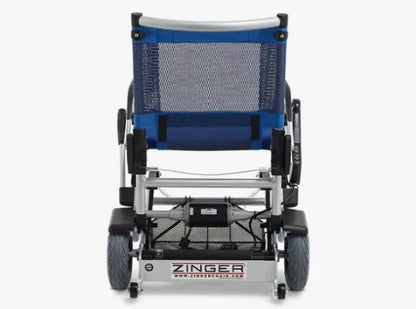 Rear view of a blue and silver Journey Health & Life Style Zinger Power Wheelchair with dual lever steering, mesh backrest, two large wheels, and a visible battery compartment.