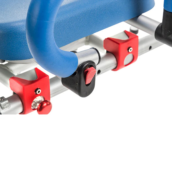 Close-up of the SoftSecure Rotating Transfer Bench from Journey Health & Life Style, featuring a blue and red clamp mechanism reminiscent of a sturdy bathtub chair. The central black and red knob allows adjustments, while red clamping blocks on either side secure the structure. Silver metal bars provide stability and support.