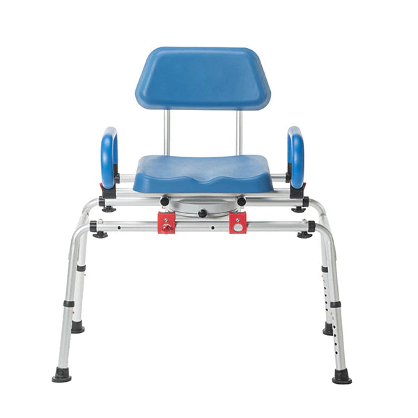 Front view of the SoftSecure Rotating Transfer Bench by Journey Health & Lifestyle, showcasing its blue adaptive design with a sturdy metal frame for support and stability. It features a contoured seat and backrest, armrests for added comfort, and a rotating seat perfect for versatile use as both a bathtub chair and transfer bench.
