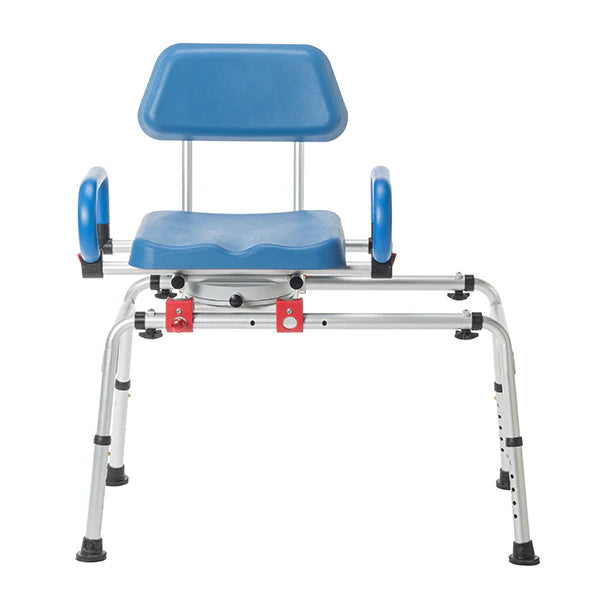 The SoftSecure Rotating Transfer Bench by Journey Health & Life Style is designed with a blue seat, backrest, and armrests. It features a sliding mechanism on a metal frame for easy positioning and includes a rotating seat, making it ideal for individuals with mobility needs in the bathroom.