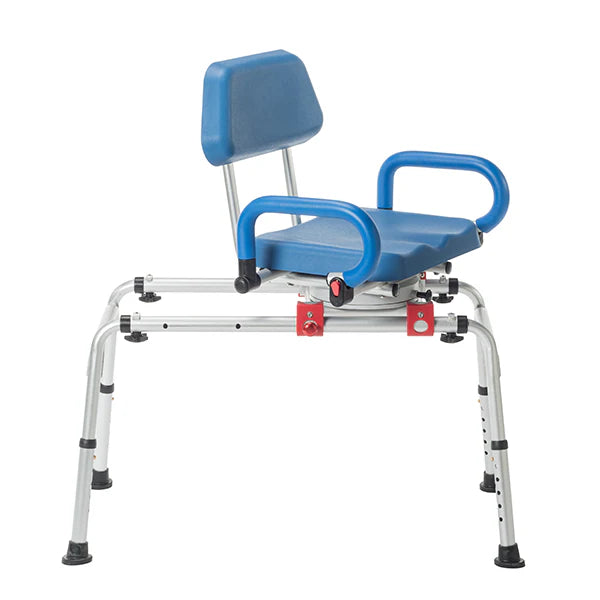 Introducing the SoftSecure Rotating Transfer Bench by Journey Health & Life Style, a blue padded shower chair complete with a backrest and armrests. It features a rotating seat for easy use and is built on a sturdy metal frame with adjustable legs and sliding rails, ensuring smooth entry into any bathtub or shower.