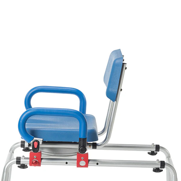 The SoftSecure Rotating Transfer Bench by Journey Health & Life Style is depicted. It features a blue seat with an adjustable backrest and armrests, built on a sturdy metal frame. For added safety, it includes a red locking mechanism at the base and non-slip feet. The bench also has a convenient rotating seat and is positioned on a white background.