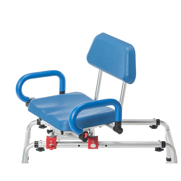 The SoftSecure Rotating Transfer Bench by Journey Health & Lifestyle is a blue plastic seat featuring a supportive backrest and armrests, mounted on a sturdy metal frame. This chair is engineered for safety and convenience in the bathroom, especially catering to individuals with mobility challenges.