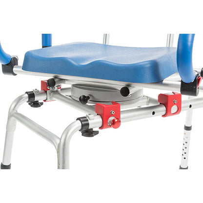 Close-up of the SoftSecure Rotating Transfer Bench by Journey Health & Life Style, featuring a blue padded seat with a gray swivel base mounted on its silver frame. The frame includes various adjustment levers and red locking mechanisms, making it an ideal mobility aid for convenient use as a bathtub chair.