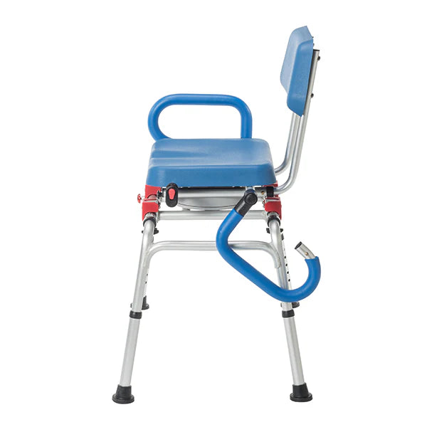 The side view highlights the SoftSecure Rotating Transfer Bench by Journey Health & Lifestyle, featuring a bathtub chair with a blue seat and backrest. It includes adjustable legs, a single armrest, and a rotating seat. The bench is enhanced with a red locking mechanism and a front support bar to provide added stability during transfers.
