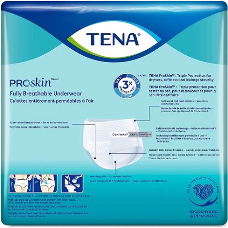 The packaging for Tena's Unisex Adult Absorbent Underwear TENA ProSkin™ features an image of the underwear, highlights benefits like soft materials and triple urinary incontinence protection, includes bilingual text, a blue-green design, and displays the "Skin Health Alliance" endorsement logo.