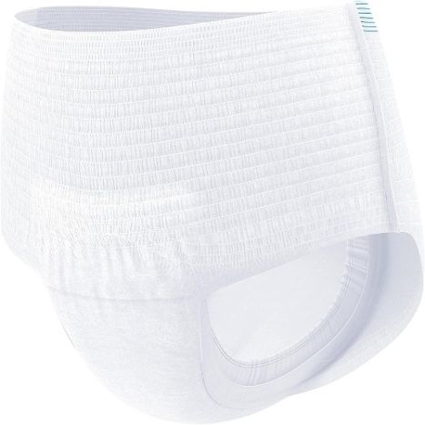 Close-up of a TENA ProSkin™ Unisex Adult Absorbent Underwear. This product has an elastic waistband and a textured, grid-like pattern for flexibility and comfort. The ergonomic leg openings provide a secure fit for reliable protection against urinary incontinence.
