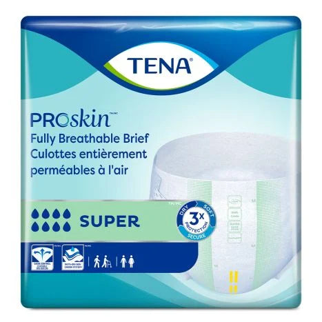 The image showcases TENA ProSkin™ briefs, known for their exceptional absorbency. The predominantly green and blue packaging highlights "Fully Breathable Brief" with icons underscoring the fit and effectiveness of these unisex adult incontinence briefs by Tena.