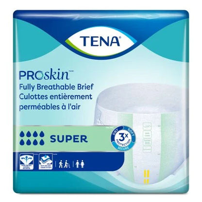 The image showcases TENA ProSkin™ briefs, known for their exceptional absorbency. The predominantly green and blue packaging highlights "Fully Breathable Brief" with icons underscoring the fit and effectiveness of these unisex adult incontinence briefs by Tena.