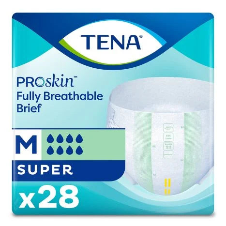 The packaging of the TENA ProSkin™ Unisex Adult Incontinence Brief in size M, labeled "Super," contains 28 briefs. It features green and blue hues with a brief image.