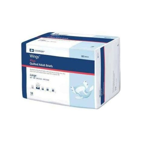 Image of McKesson's Wings PLUS Quilted Adult Briefs package designed for super absorbency. The mainly white packaging with blue accents emphasizes details like size "Large" and includes 18 incontinence briefs.