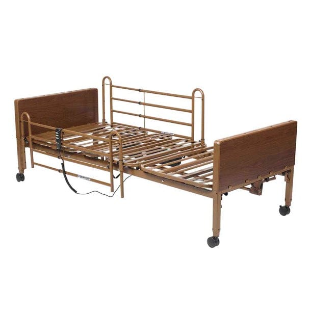The Competitor II Semi Electric Height Adjustable Bed by Drive Medical includes a wooden headboard and footboard, complemented by adjustable metal side rails and wheels. Its hand crank system enhances patient care accessibility, enabling precise positioning of the slatted base without a mattress.