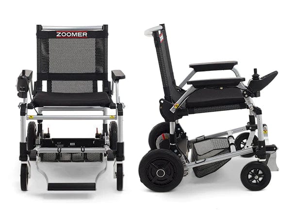 Two views of the Zoomer by Journey Health & Lifestyle are shown: its front view showcases a mesh seat and armrests, while the side view highlights its compact, foldable design with wheels and a removable battery, along with one-handed joystick steering for easy control.