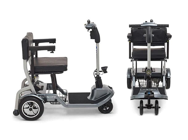 The Journey Health & Life Style So Lite Scooter is a compact, foldable mobility aid with a cushioned seat, armrests, handlebars, small wheels, and safety features for easy transport and storage; shown from side and rear angles.