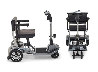 The Journey Health & Life Style So Lite Scooter is a compact, foldable mobility aid with a cushioned seat, armrests, handlebars, small wheels, and safety features for easy transport and storage; shown from side and rear angles.