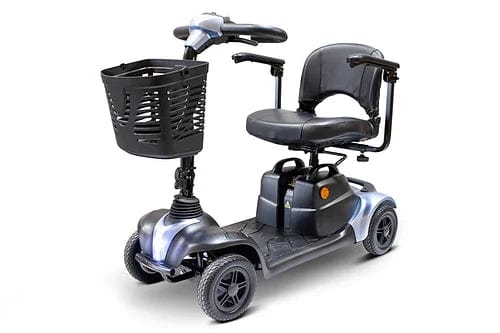 The EW-M39 Power Scooter by E-Wheels is a compact, four-wheel mobility scooter with a padded seat and armrests. It features a powerful battery for long use, includes handlebars and a front basket, and has a stable low-profile design in blue, offering flair for indoor and outdoor adventures.