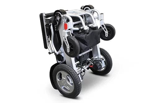 The EW-M45 Portable Power Wheelchair by E-Wheels features a lightweight design and large rear wheels, making it perfect for easy portability. Its silver frame with black accents offers a sleek, modern look ready for any journey.