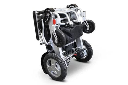 The EW-M45 Portable Power Wheelchair by E-Wheels features a lightweight design and large rear wheels, making it perfect for easy portability. Its silver frame with black accents offers a sleek, modern look ready for any journey.