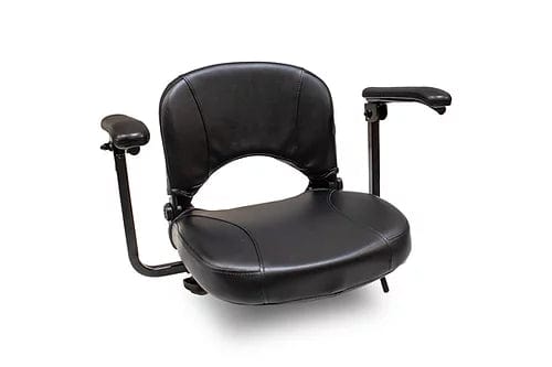 The EW-M39 Power Scooter by E-Wheels features a black, padded chair seat with visible stitching, two adjustable armrests, and a legless base. Its wireless design ensures seamless adaptability and comfort for mobility use.