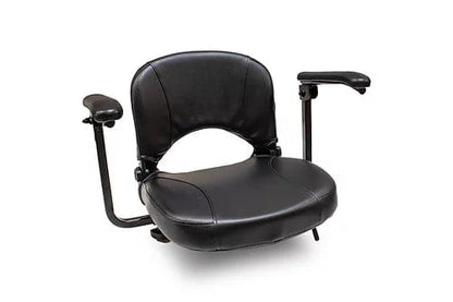 The EW-M39 Power Scooter by E-Wheels features a black, padded chair seat with visible stitching, two adjustable armrests, and a legless base. Its wireless design ensures seamless adaptability and comfort for mobility use.