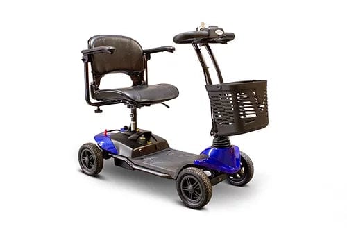 The E-Wheels EW-M39 Power Scooter is a blue and black four-wheel mobility scooter that includes a cushioned seat with armrests, handlebars, a front basket, and a powerful battery for longer trips.
