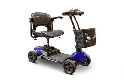 The E-Wheels EW-M39 Power Scooter is a blue and black four-wheel mobility scooter that includes a cushioned seat with armrests, handlebars, a front basket, and a powerful battery for longer trips.