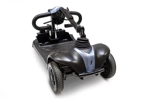 The EW-M39 Power Scooter by E-Wheels is a black and gray mobility scooter base without the seat, highlighting its four wheels and handlebars. It has a sleek, compact design with a front control panel and a powerful battery for extended use.