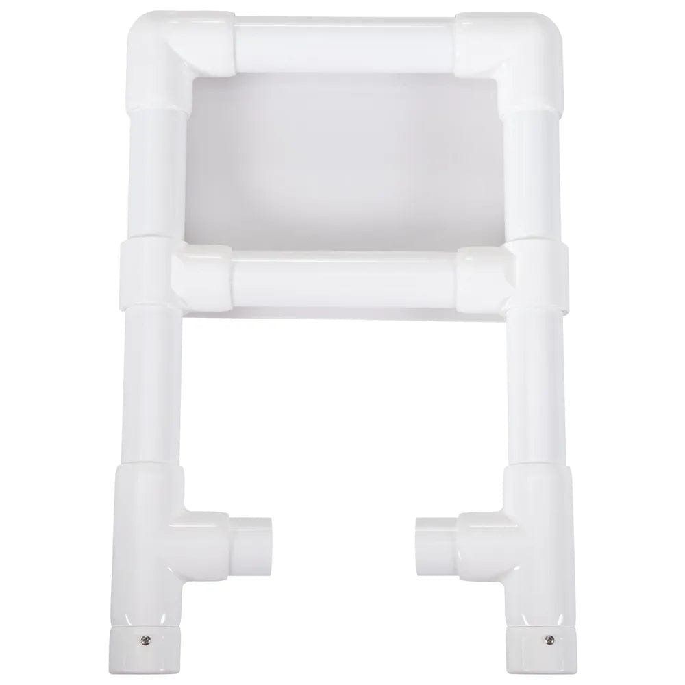 Designed to fit over a radiator, this white rectangular PVC towel rack is an ideal bathroom accessory featuring multiple bars for hanging towels. Its shiny, smooth plastic construction enhances customization options in your bathroom or laundry room.